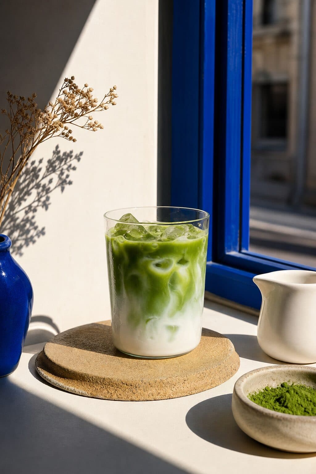 Iced matcha on a wooden coaster in the window, the matcha dish and jug alongside
